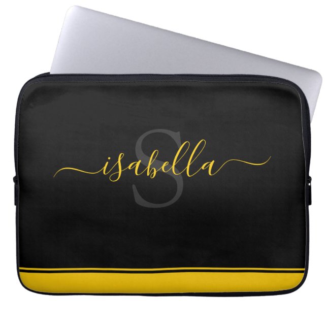 Monogrammed Elegant Script Yellow op Black Laptop Sleeve (Voorkant)