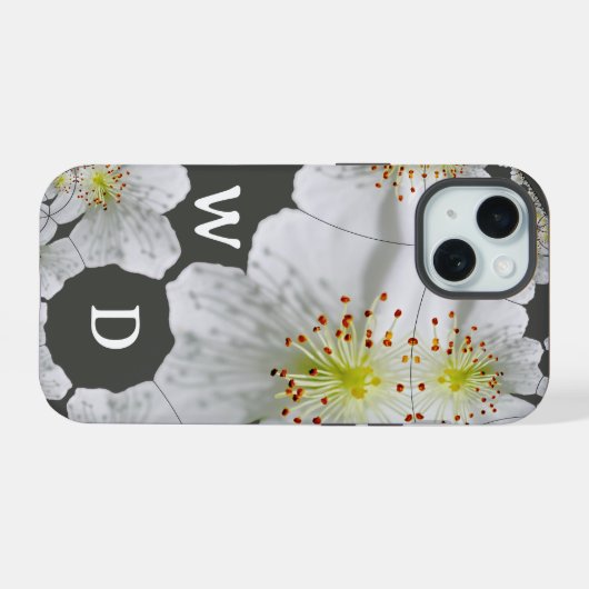Monogrammed Elegante Schattigee Bloemkunst Houtsko iPhone 15 Case (Achterkant horizontaal)