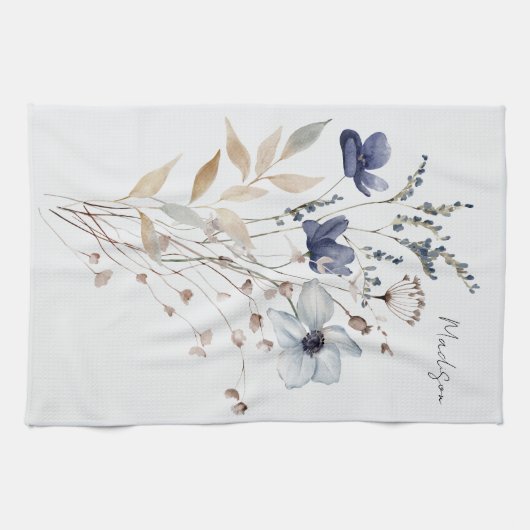 Monogrammed Elegante Waterverf Blauwe Wildflower Theedoek (Horizontaal)