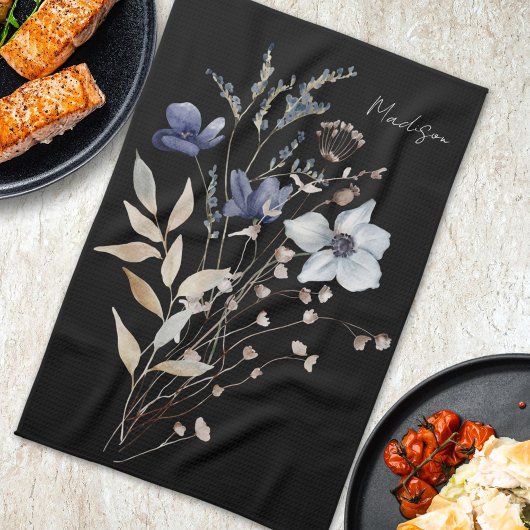 Monogrammed Elegante Waterverf Blauwe Wildflower Theedoek