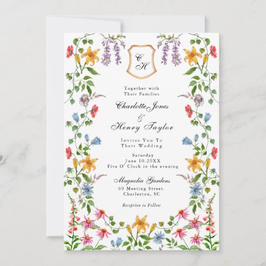 Monogrammed English Garden Floral Wedding Aankondiging (Voorkant)