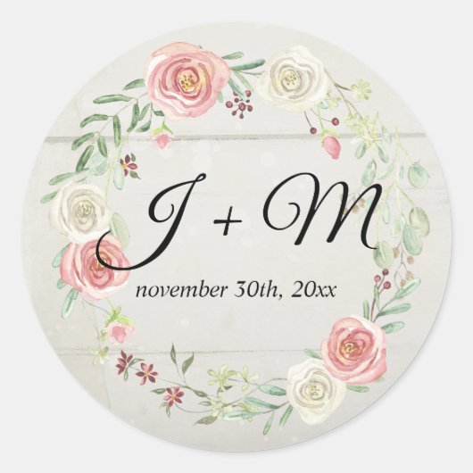 Monogrammed Envelop Rustiek Houten Blush Roos Bloe Ronde Sticker (Voorkant)