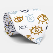 Monogrammed Evil Eye Pattern | Naam toevoegen Stro Stropdas (Opgerold)