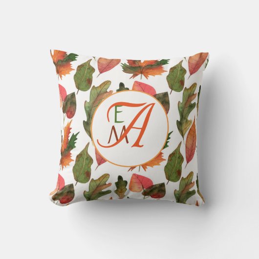 Monogrammed Fall Leaves Autumn Decor Oranje Green Kussen (Voorkant)