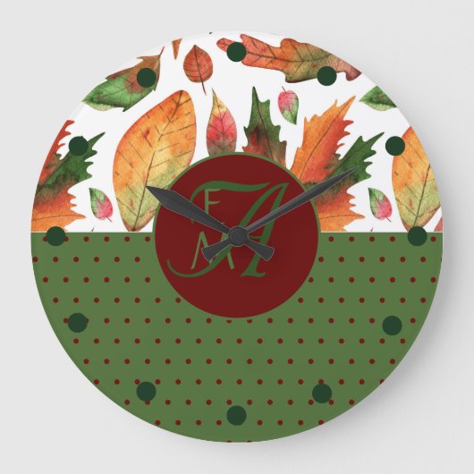 Monogrammed Fall Leaves Autumn Red Green Decor Grote Klok (Voorkant)
