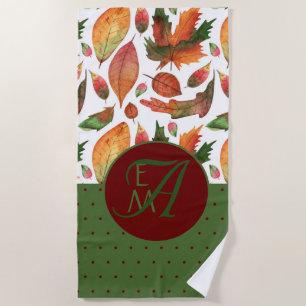 Monogrammed Fall Leaves Autumn Red Green Decor Strandlaken