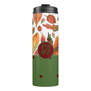 Monogrammed Fall Leaves Autumn Red Green Decor Thermosbeker
