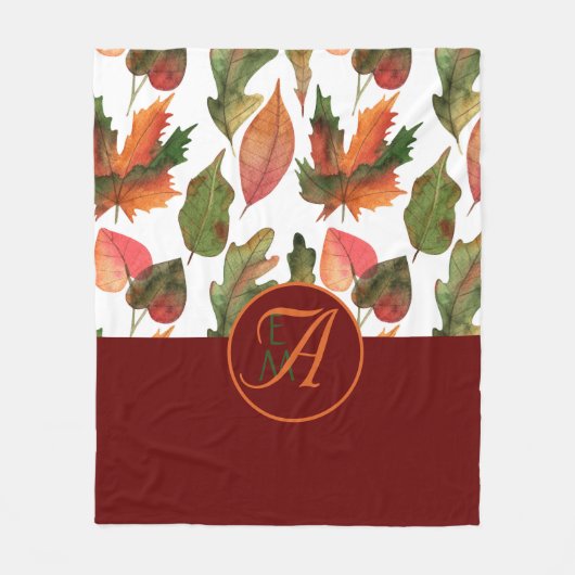 Monogrammed Fall Leaves Burgundy Autumn Decor Fleece Deken (Voorkant)
