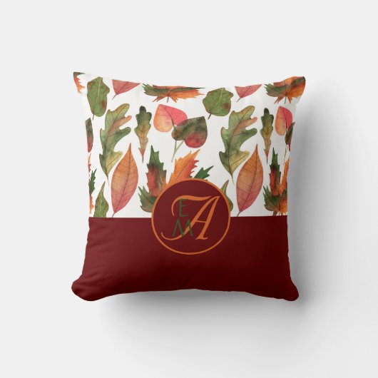 Monogrammed Fall Leaves Burgundy Autumn Decor Kussen (Voorkant)