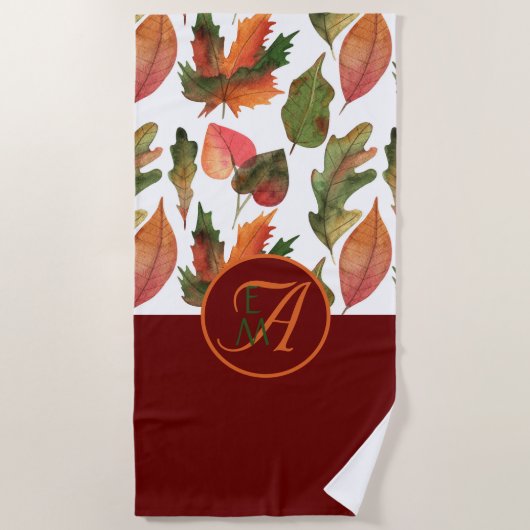 Monogrammed Fall Leaves Burgundy Autumn Decor Strandlaken (Voorkant)