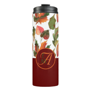 Monogrammed Fall Leaves Burgundy Autumn Decor Thermosbeker