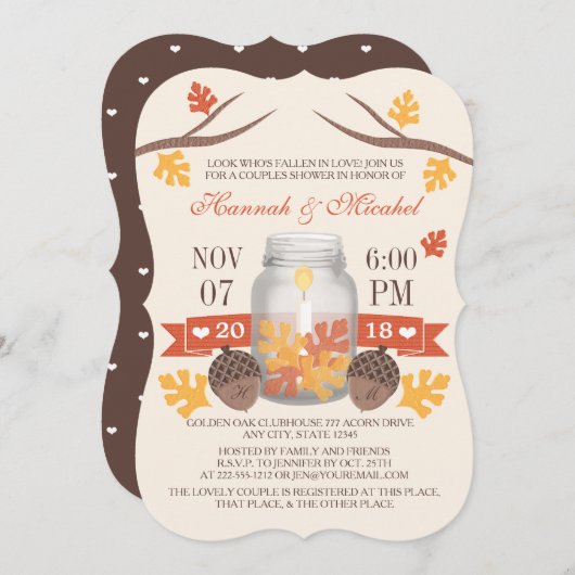 Monogrammed Fall Leaves Mason Jar Couples Shower Kaart (Voorkant / Achterkant)