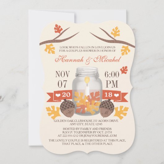 Monogrammed Fall Leaves Mason Jar Couples Shower Kaart (Voorkant)