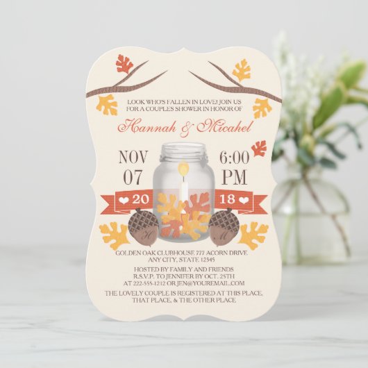 Monogrammed Fall Leaves Mason Jar Couples Shower Kaart (Staand voorkant)