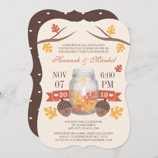 Monogrammed Fall Leaves Mason Jar Engagement Party Kaart (Voorkant / Achterkant)