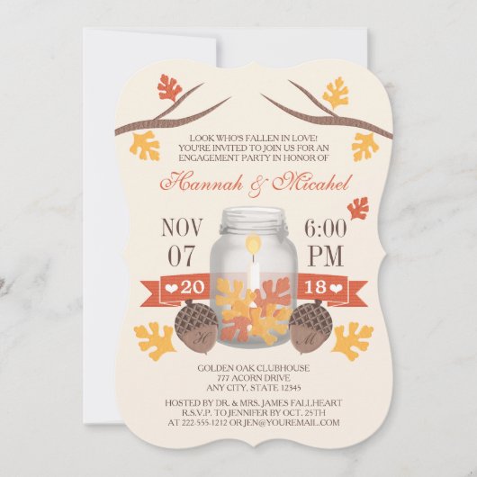 Monogrammed Fall Leaves Mason Jar Engagement Party Kaart (Voorkant)