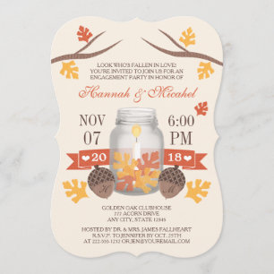 Monogrammed Fall Leaves Mason Jar Engagement Party Kaart