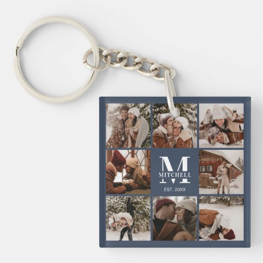 Monogrammed Familie Fotocollage Moderne Marine Bla Sleutelhanger (voorkant)