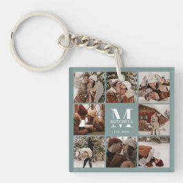 Monogrammed Familie Fotocollage Moderne Sage Groen Sleutelhanger