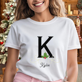 Monogrammed Familie Kerstmis Holly Vrouwen T-shirt