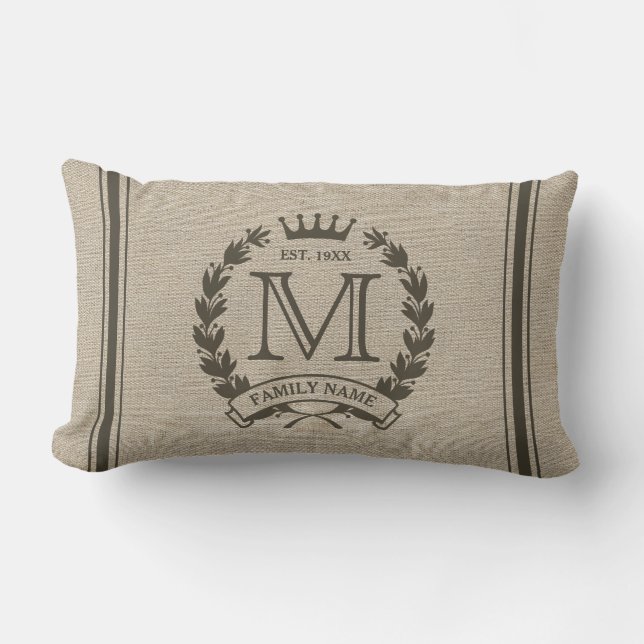 Monogrammed Family Logo Burlap Look Lumbar Pillow Kussen (Voorkant)