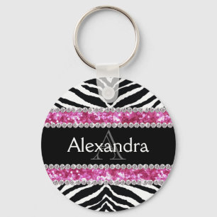 Monogrammed Faux Glitter Bling Zebra Meisjes Naam  Sleutelhanger