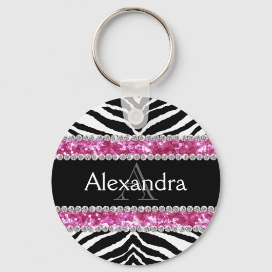 Monogrammed Faux Glitter Bling Zebra Meisjes Naam Sleutelhanger (Voorkant)
