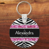 Monogrammed Faux Glitter Bling Zebra Meisjes Naam Sleutelhanger (Achterkant)