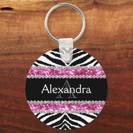 Monogrammed Faux Glitter Bling Zebra Meisjes Naam  Sleutelhanger (Achterkant)