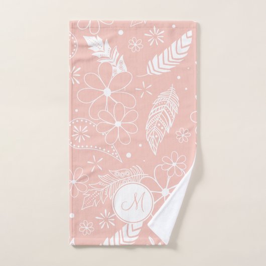 Monogrammed Feathers Flower Doodles roze ELKE kleu Bad Handdoek (Handdoek)