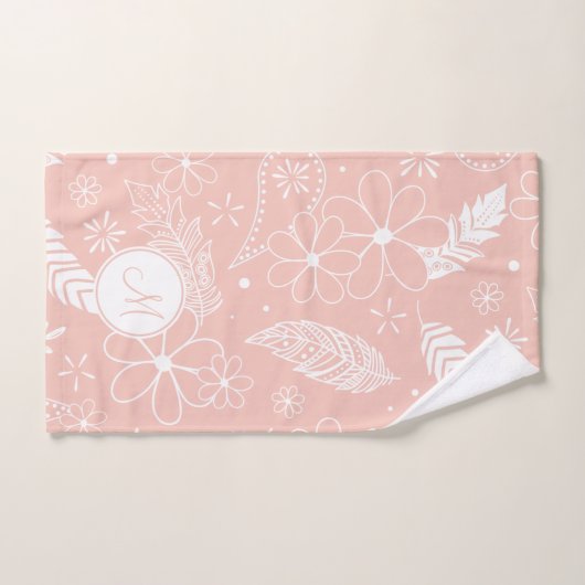 Monogrammed Feathers Flower Doodles roze ELKE kleu Bad Handdoek (Handdoek)