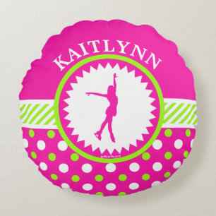 Monogrammed Figuur Skater roze - Groene Polka-Stip Rond Kussen