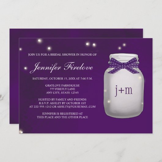 Monogrammed Firefly Mason Jar Vrijgezellenfeest Kaart (Voorkant / Achterkant)