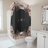 Monogrammed Floral Black Pink Waterverf  Douchegordijn (In situ)