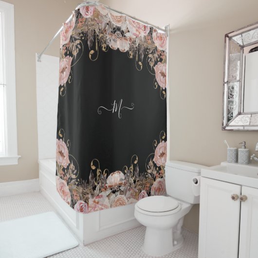 Monogrammed Floral Black Pink Waterverf  Douchegordijn (In situ)