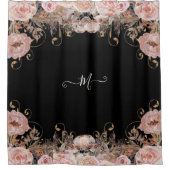 Monogrammed Floral Black Pink Waterverf  Douchegordijn (Voorkant)