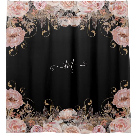 Monogrammed Floral Black Pink Waterverf  Douchegordijn (Voorkant)