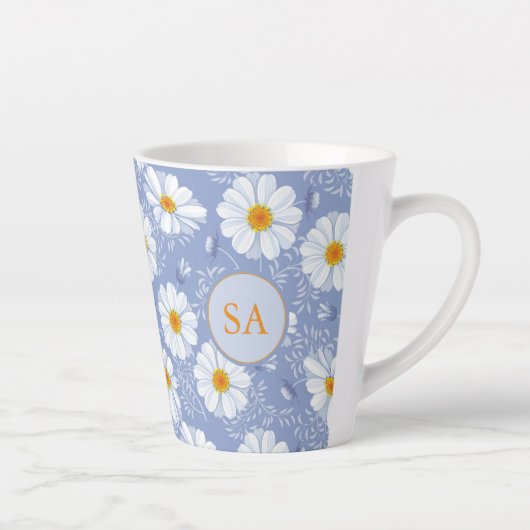 Monogrammed Floral Blue, Oranje, wit Latte Mok (Rechts)