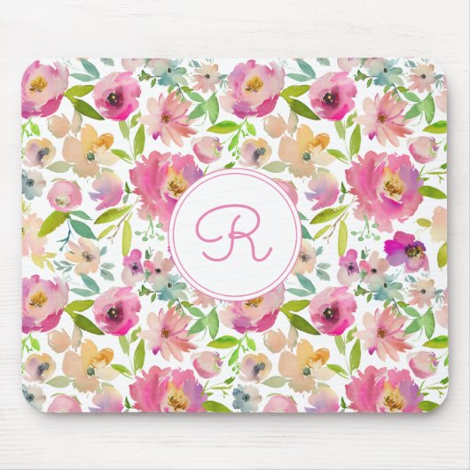 Monogrammed Floral Boho Pastel Waterverf Muismat (Voorkant)