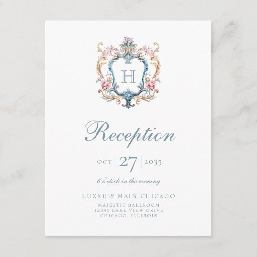  Monogrammed Floral Crest bruiloft receptie Informatiekaartje (Voorkant)