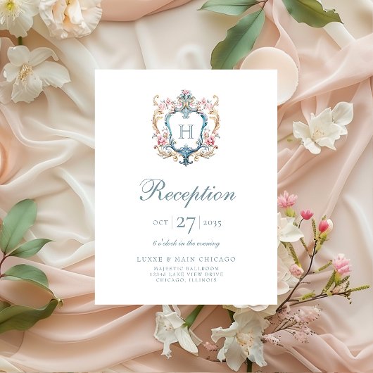  Monogrammed Floral Crest bruiloft receptie Informatiekaartje