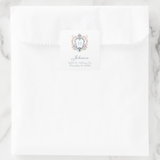  Monogrammed Floral Crest Retouradres Vierkante Sticker (Tas)