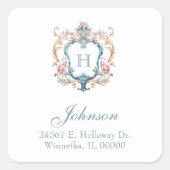  Monogrammed Floral Crest Retouradres Vierkante Sticker (Voorkant)