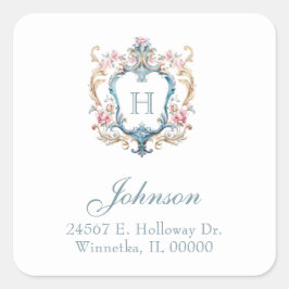 Monogrammed Floral Crest Retouradres Vierkante Sticker