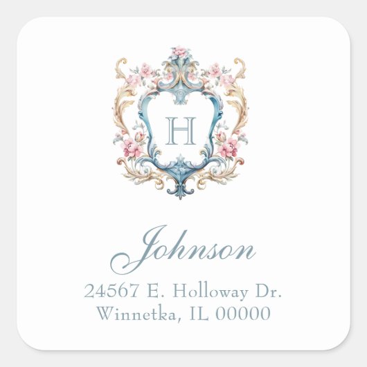  Monogrammed Floral Crest Retouradres Vierkante Sticker (Voorkant)