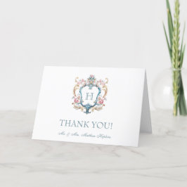 Monogrammed Floral Crest Wedding Bedankkaart