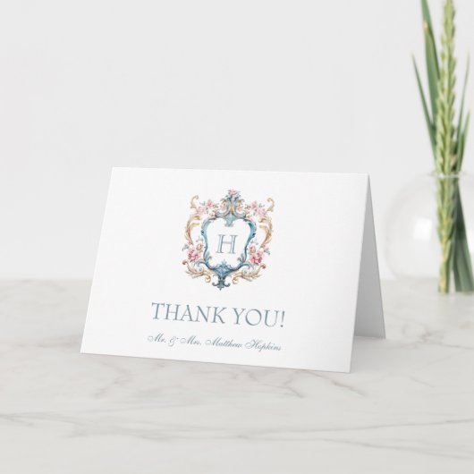  Monogrammed Floral Crest Wedding Bedankkaart (Voorkant)