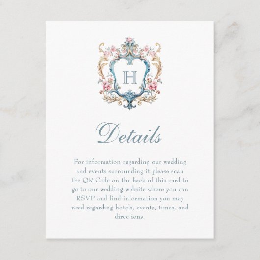  Monogrammed Floral Crest Wedding Details Informatiekaartje (Voorkant)