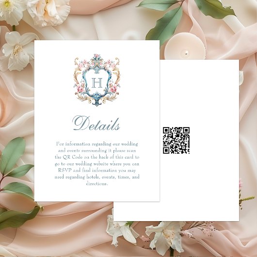  Monogrammed Floral Crest Wedding Details Informatiekaartje