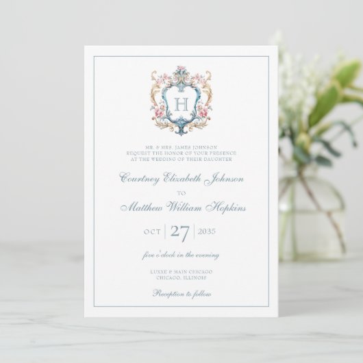 Monogrammed Floral Crest Wedding Kaart (Staand voorkant)
